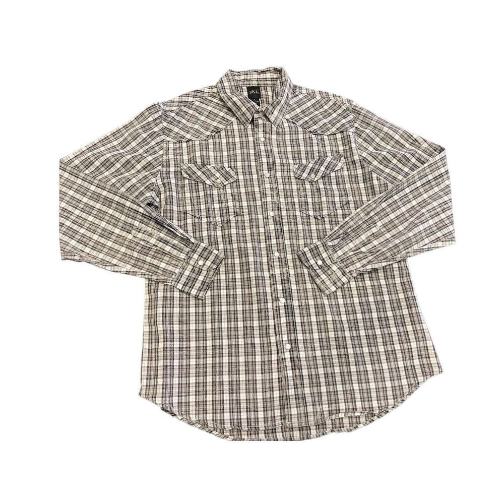BKE Buckle Men's Contour Fit Plaid Pearl Snap Long Sleeve Shirt Cream Large NWT